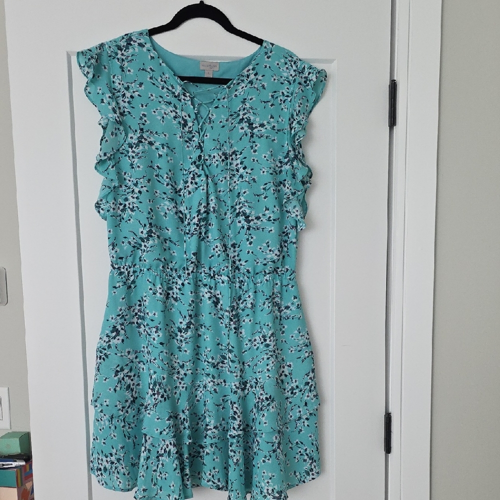 belle sky Aqua Floral Ruffle Sleeve Tunic Dress